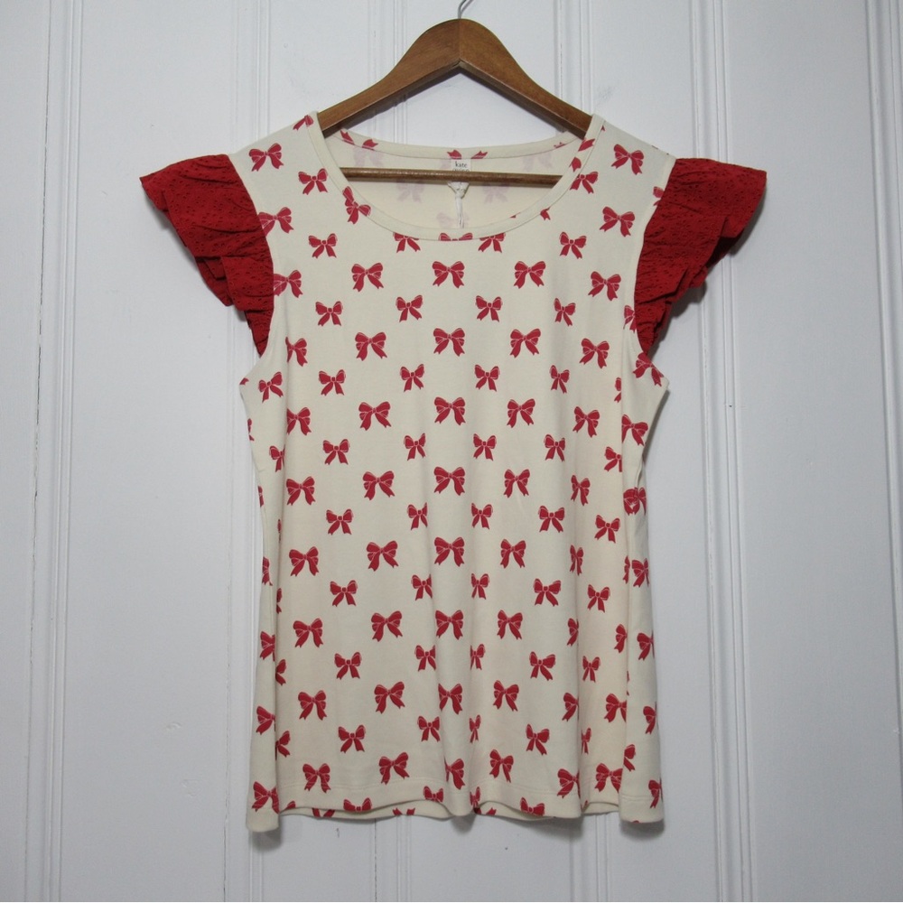 Kate Quinn Organic Cotton Retro Flutter Tee Red Bow Print Size Large - Picture 3 of 14